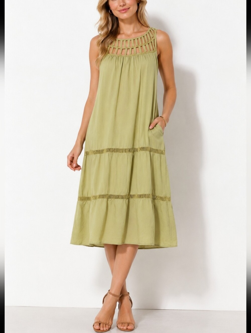 MIDA Made in Italy~Woman Size L~Light Green Sleeveless Cotton Dress Fully Lined.